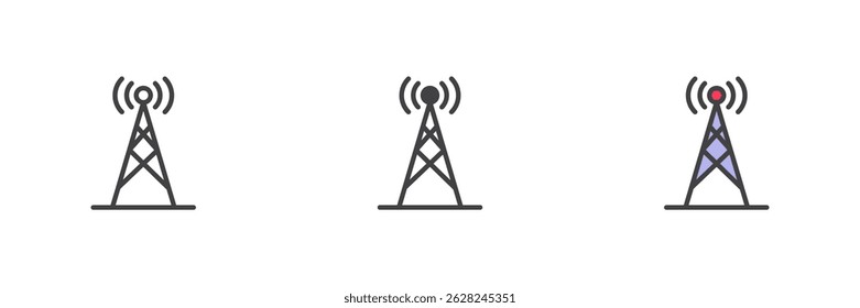 Broadcast tower different style icon set. Line, glyph and filled outline colorful version, outline and filled vector sign. Telecommunications tower symbol, logo illustration. Vector graphics