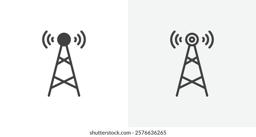 Broadcast tower icon set in black flat solid and outlined style.