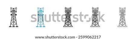 Broadcast tower icons vector illustrations in black and blue colors for web and ui designs