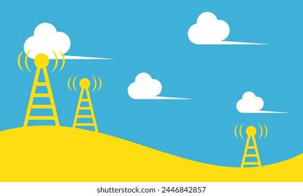 Broadcast tower with transmission waves, Telecommunications signal transmitter, background for business, technology, communication and power point presentations. with negative space and copy space.