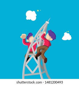 Broadcast transmitter operator climbs the tower. vector - illustration