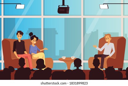 Broadcast of tv talk show with three persons participants communicating live. Television studio with light, guests, host and public. Vector flat illustration