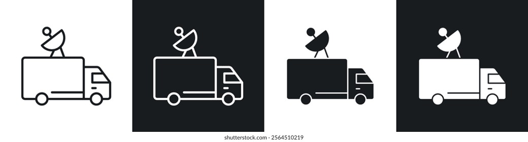 Broadcast van icons collection in black filled and line style.