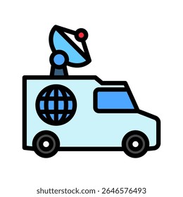 Icono de color de contorno de ilustración de Broadcast Van mini, uso para periodista, transmisión, interfaz de usuario de noticias y medios, kit de UX, desarrollo de App y Web, digital o impreso.