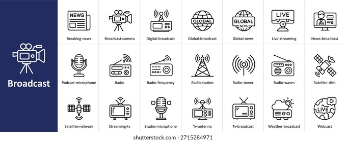 Conjunto de iconos de Vector de transmisión con Noticias, radio, televisión y símbolos de comunicación