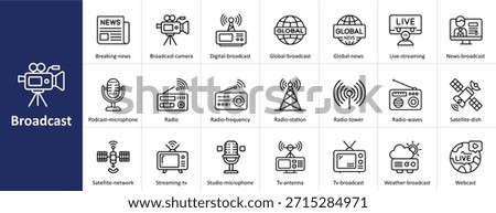 Broadcast Vector Icon Set with News, Radio, Television, and Communication Symbols