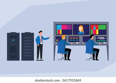 broadcast or video editing control room with three individuals working on monitors displaying video feeds and color bars