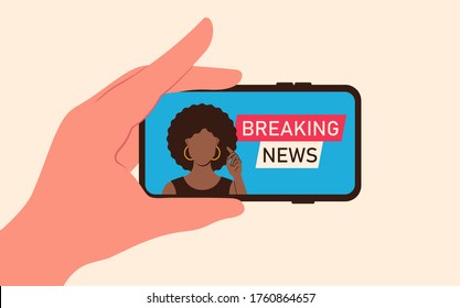 Broadcast video online breaking news on screen smartphone with broadcaster african american girl in flat style