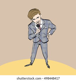 broadcaster, journalist or singer with microphone, hand drawn line art illustration. Shows and TV