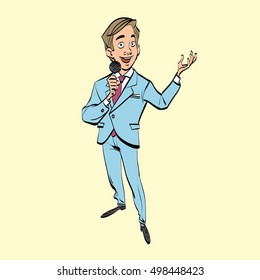 broadcaster, journalist or singer with microphone, hand drawn line art illustration. Shows and TV