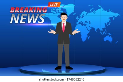  broadcaster on the blue stand with lcd background in the the news studio room