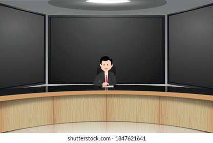 broadcaster on the glass table and lcd background in the news studio room	