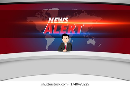 Fernseher auf weißem Tisch und Nachrichtenalarm auf LCD-Hintergrund im Nachrichtenstudio	