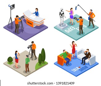 Broadcasting 2x2 design concept set of talk show news expo and street interview isometric compositions vector illustration