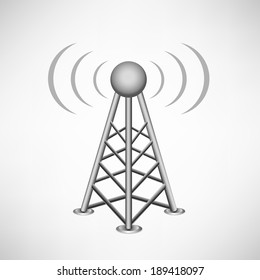 broadcasting antenna with construction and signal waves around on the white mesh background