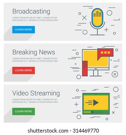 Broadcasting. Breaking News. Video Streaming. Line Art Flat Design Illustration. Vector Web Banners Concepts