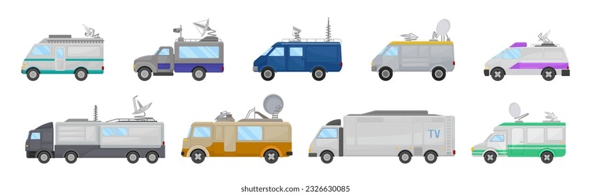 Broadcasting Car with Satellite Antenna for Reporting News Vector Set