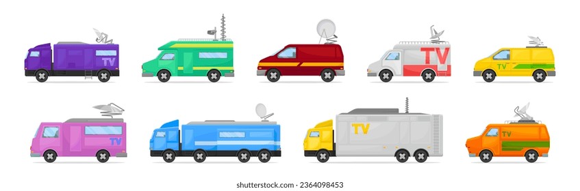 Broadcasting Car with Satellite Antenna for Reporting News Vector Set