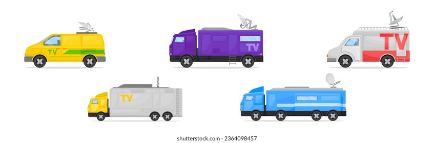 Broadcasting Car with Satellite Antenna for Reporting News Vector Set