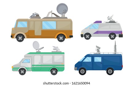 Broadcasting Car with Satellite Antenna Vector Set. Tv Vehicles Collection