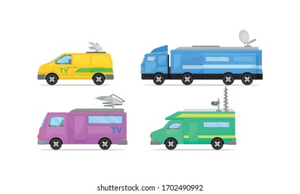 Broadcasting Cars with Satellite Dish on the Roof Vector Set