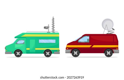 Broadcasting Cars with Satellite Dish on the Roof Vector Set