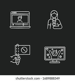 Broadcasting chalk white icons set on black background. Watch vlog on laptop. Journalist broadcasting news. Activist protest. Reality TV show star. Isolated vector chalkboard illustrations