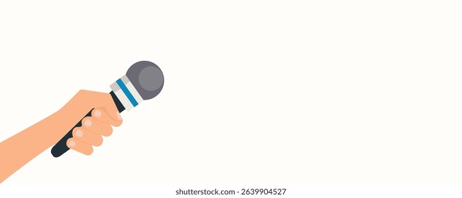 Broadcasting concept. Hand with microphone. Audio recording of interview. Talking in podcast
