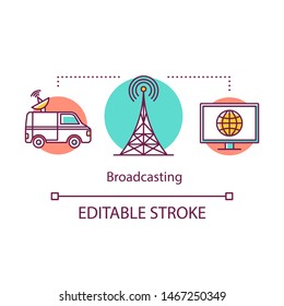 Broadcasting concept icon. Radio and TV, media industry. Car, TV tower, screen. Live broadcast. Electronic media idea thin line illustration. Vector isolated outline drawing. Editable stroke