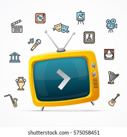 Broadcasting Concept with Retro TV and Culture or Creative Fine Art Line Icons. Vector illustration