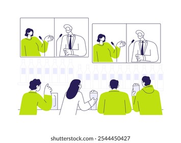 Broadcasting debates abstract concept vector illustration. Group of citizens watching broadcasting debates together, social science and movement, political campaign abstract metaphor.