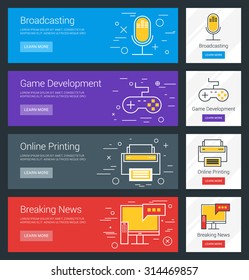 Broadcasting. Game Development. Online Printing. Breaking News. Flat Design Concept. Set of Vector Web Banners