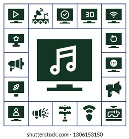 broadcasting icon set. 17 filled broadcasting icons.  Collection Of - Television, Tv, Megaphone, News report, Loudspeaker, Satellite dish, Transmission tower, Wireless