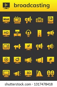 broadcasting icon set. 26 filled broadcasting icons.  Simple modern icons about  - Television, Tv, Megaphone, Loudspeaker, Propaganda, Voice recorder, Tower, Old tv, News report