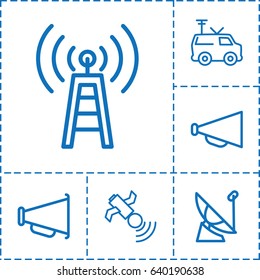 Broadcasting icon. set of 6 broadcasting outline icons such as megaphone, satellite, tv van