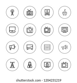 Broadcasting icon set. collection of 16 outline broadcasting icons with antenna, dishes, megaphone, news reporter, tower, tv.