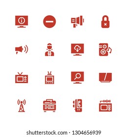 broadcasting icon set. Collection of 16 filled broadcasting icons included Tv, Voice recorder, Amplifier, Television, Loudspeaker, News reporter, Megaphone, Insecure, Signal