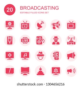 broadcasting icon set. Collection of 20 filled broadcasting icons included Television, Satellite dish, Parabolic, Tower, Live, Loudspeaker, Journalist, Signal, Voice recorder