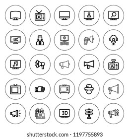 Broadcasting icon set. collection of 25 outline broadcasting icons with journalist, megaphone, news reporter, sensor, tv, television, transmission tower icons. editable icons.
