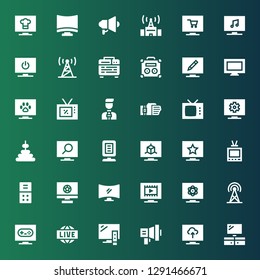 broadcasting icon set. Collection of 36 filled broadcasting icons included Television, Megaphone, Live, Broadcast, Voice recorder, Announcer, Tower, Sensor, News reporter, Tv