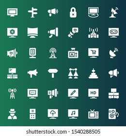 broadcasting icon set. Collection of 36 filled broadcasting icons included Loudspeaker, Television, Voice recorder, Journalist, Megaphone, Radio antenna, Tower, Signals, Satellite dish