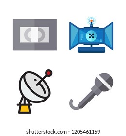 broadcasting icon set. vector set about videotape, microphone, remote control and satellite dish icons set.