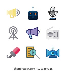 broadcasting icon set. vector set about report id, radio antenna, remote control and megaphone icons set.