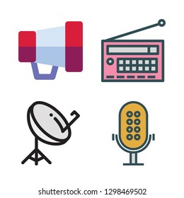 broadcasting icon set. vector set about microphone, satellite dish, megaphone and radio icons set.