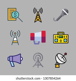 broadcasting icon set. vector set about antenna, radio antenna, satellite dish and radio icons set.