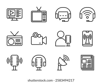 Broadcasting icon set, vector, in line style, for streaming, entertainment, video, business, content creator, creative, etc.