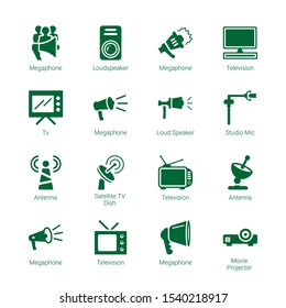 broadcasting icons. Editable 16 broadcasting icons. Included icons such as Megaphone, Loudspeaker, Television, Tv, Loud Speaker, Studio Mic. broadcasting trendy icons for web.