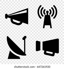 Broadcasting icons set. set of 4 broadcasting filled icons such as megaphone, transmitter