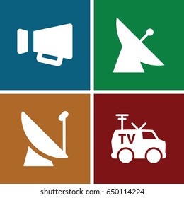 Broadcasting icons set. set of 4 broadcasting filled icons such as satellite, megaphone