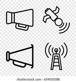 Broadcasting icons set. set of 4 broadcasting outline icons such as megaphone, satellite